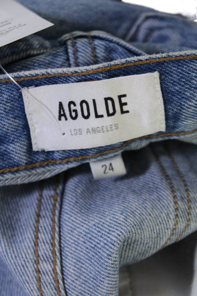 Agolde Womens Button Fly High Rise Distressed Straight Jeans Blue Denim Size 24