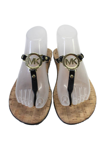 Michael Kors Womens Open Toe Slip On Flip Flops Patent Leather Black Size 8