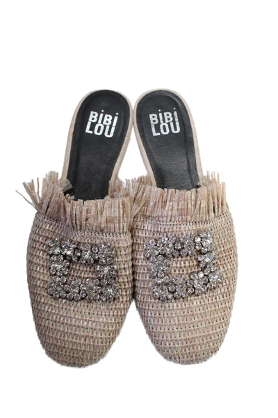 Bibi Lou Womens Straw Woven Jeweled Detail Slide On Mules Light Pink Size 7