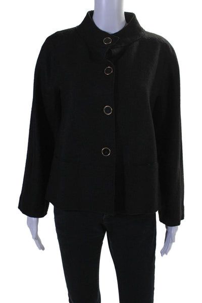 DKNY Womens Black Wool Crew Neck Button Front Long Sleeve Jacket Size 6