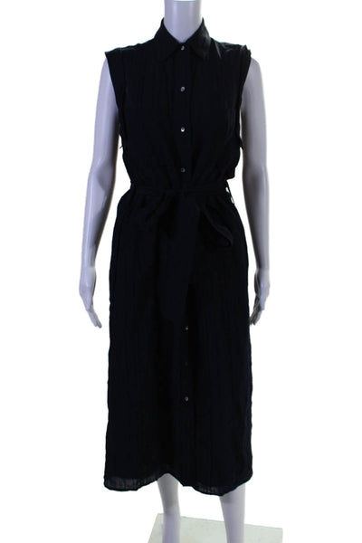 Vince Womens Textured Lined Button Belted Sleeveless Collar Maxi Dress Navy Size