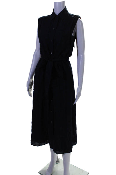 Vince Womens Textured Lined Button Belted Sleeveless Collar Maxi Dress Navy Size