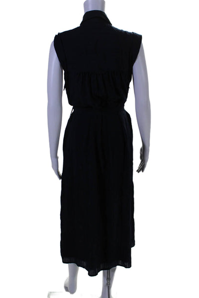 Vince Womens Textured Lined Button Belted Sleeveless Collar Maxi Dress Navy Size