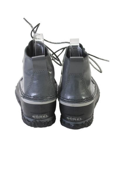 Sorel Womens Patent Leather Lace Up Waterproof Ankle Rain Boots Gray Black Size