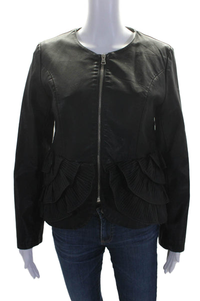 Paccio Women's Long Sleeves Full Zip Ruffle Faux Leather Jacket Black Size L