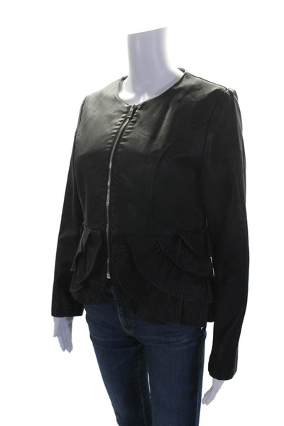 Paccio Women's Long Sleeves Full Zip Ruffle Faux Leather Jacket Black Size L