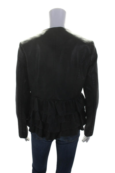 Paccio Women's Long Sleeves Full Zip Ruffle Faux Leather Jacket Black Size L