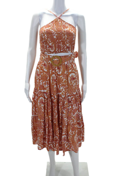 Lusana Womens Smocked Paisley Printed Crop Top Skirt Set White Brown Size 2 4