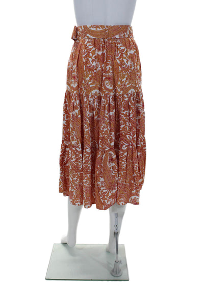 Lusana Womens Smocked Paisley Printed Crop Top Skirt Set White Brown Size 2 4