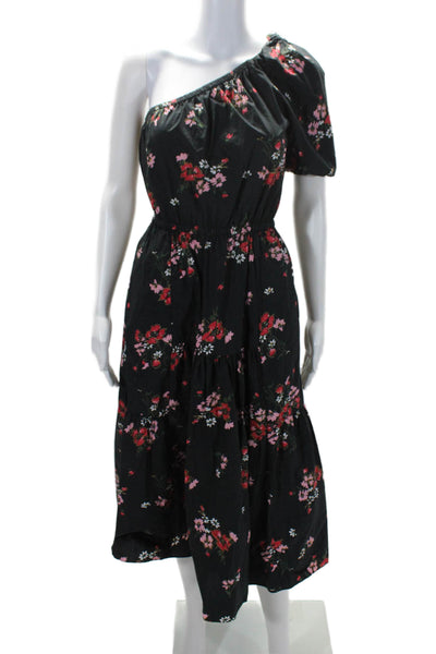 Rebecca Taylor Womens Black Floral One Shoulder Short Sleeve Tiered Dress Size 2