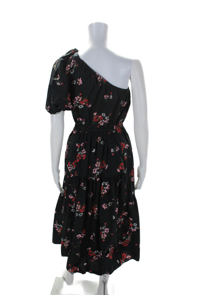 Rebecca Taylor Womens Black Floral One Shoulder Short Sleeve Tiered Dress Size 2