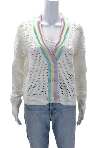 Kokun Womens Open Knit Cardigan Sweater White Multi Colored Size Extra Small