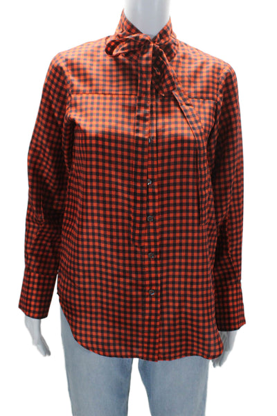 Sea New York Womens Silk Plaid Button Down Tie Neck Shirt Red Black Size 0