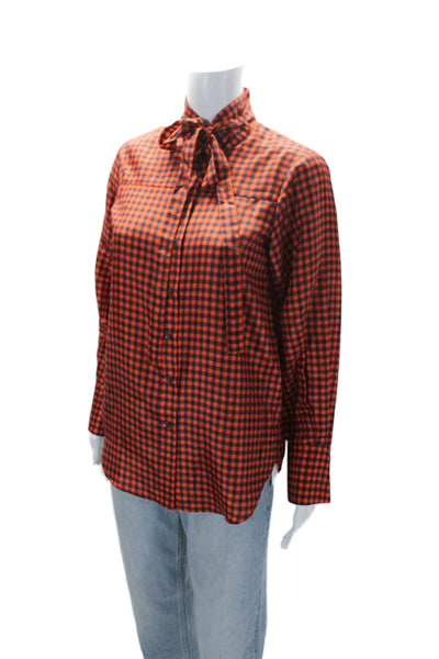 Sea New York Womens Silk Plaid Button Down Tie Neck Shirt Red Black Size 0