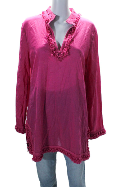 Tory Burch Womens Long Sleeve V Neck Fringe Trim Tunic Shirt Pink Size 14