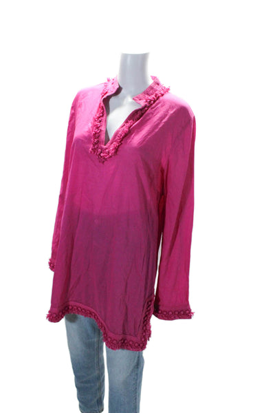 Tory Burch Womens Long Sleeve V Neck Fringe Trim Tunic Shirt Pink Size 14