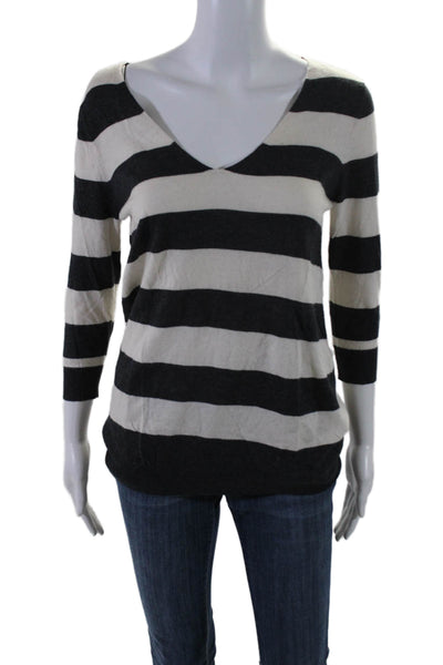 Joie Womens Long Sleeve V Neck Striped Knit Top Gray White Size XS