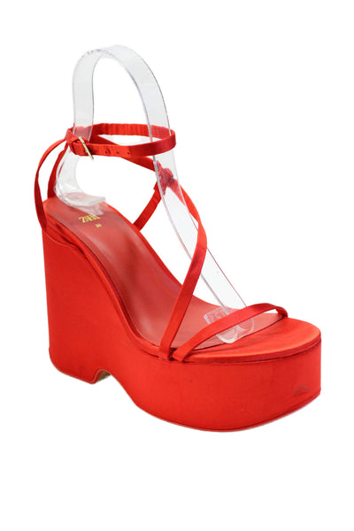 Zara Womens Strappy Open Toe Platform Ankle Strap Sandals Red Size 36 6