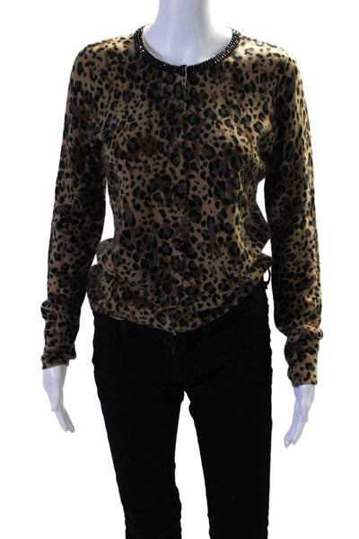 Sutton Cashmere Women's Long Sleeves Embellish Animal Print Cardigan Size M