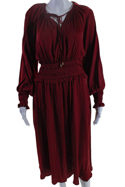 Elie Tahari Womens V Neck Long Sleeve Smocked Maxi Dress Red Size M