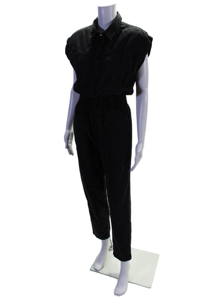 Pistola Womens Button Front Cap Sleeve Collared Jumpsuit Black Cotton Size XS