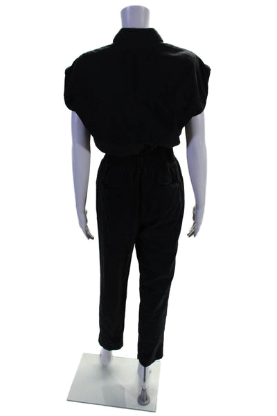 Pistola Womens Button Front Cap Sleeve Collared Jumpsuit Black Cotton Size XS