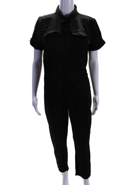 YFB Womens Button Front Short Sleeve Straight Leg Jumpsuit Black Size Small