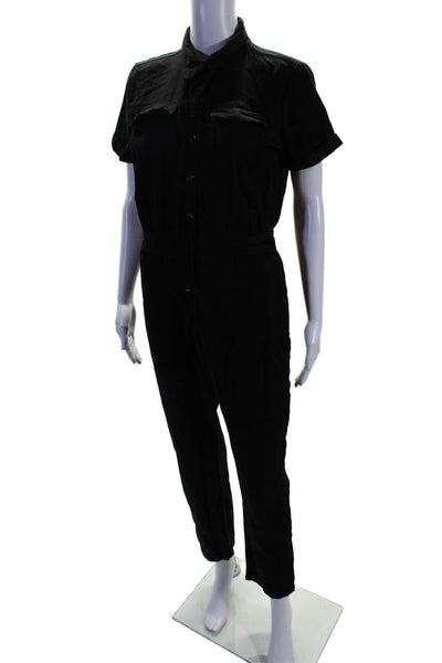 YFB Womens Button Front Short Sleeve Straight Leg Jumpsuit Black Size Small