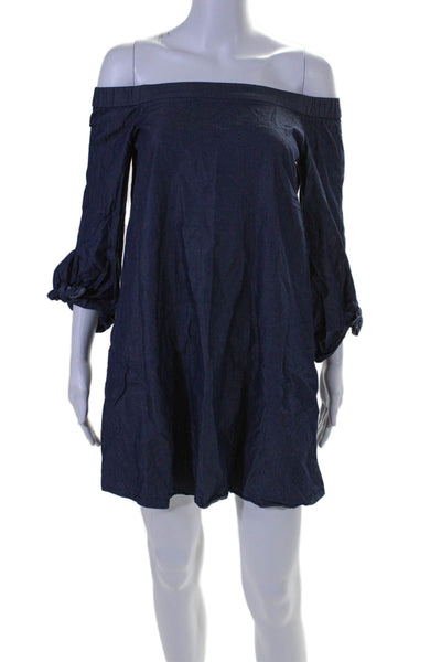 Tibi Womens Cotton Chambray Off Shoulder Long Sleeve Shift Dress Blue Size 0