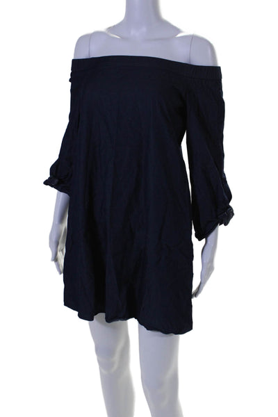 Tibi Womens Cotton Chambray Off Shoulder Long Sleeve Shift Dress Blue Size 0