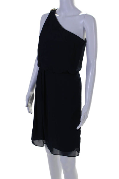 Adrianna Papell Womens Embellished One Shoulder Blouson Dress Navy Size 4