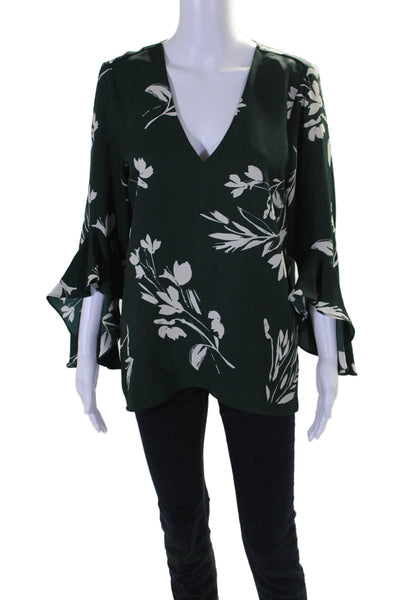 Vince Camuto Womens Long Flare Sleeve V Neck Floral Blouse Top Green Size Medium