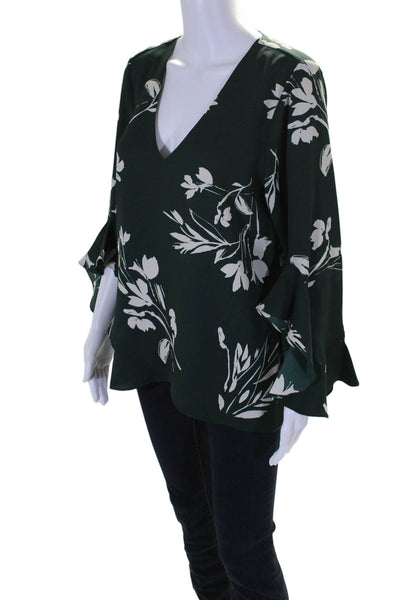 Vince Camuto Womens Long Flare Sleeve V Neck Floral Blouse Top Green Size Medium