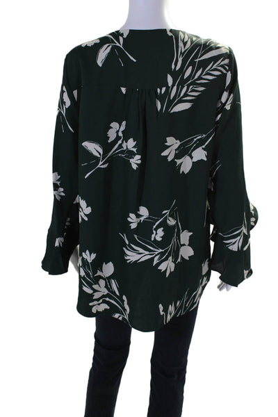 Vince Camuto Womens Long Flare Sleeve V Neck Floral Blouse Top Green Size Medium