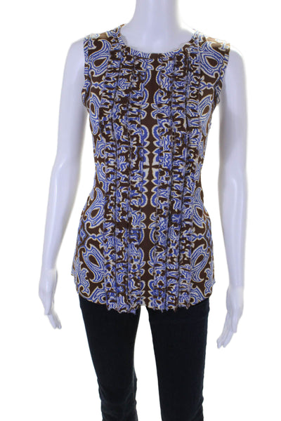 Tory Burch Womens Silk Abstract Print Sleeveless Zip Up Blouse Top Brown Size 10