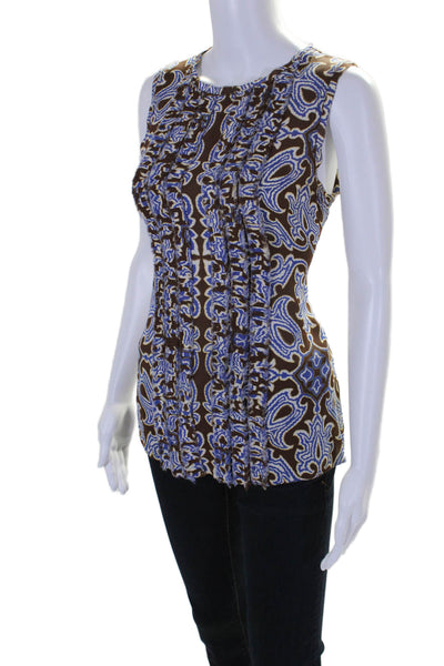 Tory Burch Womens Silk Abstract Print Sleeveless Zip Up Blouse Top Brown Size 10