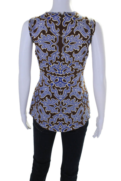 Tory Burch Womens Silk Abstract Print Sleeveless Zip Up Blouse Top Brown Size 10