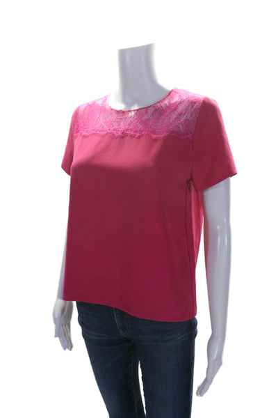 Maje Womens Lace Trim Round Neck Short Sleeve Pullover Blouse Top Pink Size 2