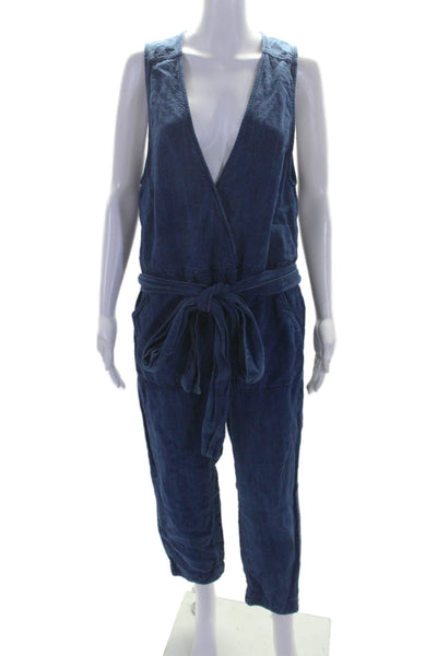 Free People Womens Linen V Neck Sleeveless Belted Jumpsuit Blue Size Small