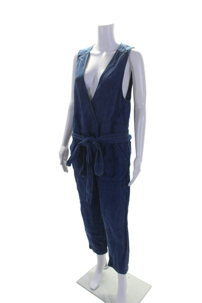 Free People Womens Linen V Neck Sleeveless Belted Jumpsuit Blue Size Small