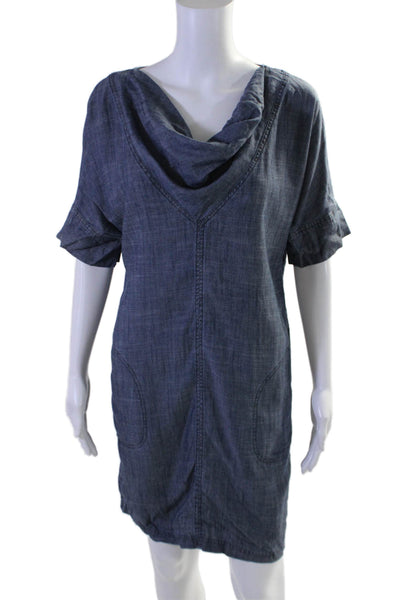 Trina Turk Womens Short Sleeve Cowl Neck Chambray Shift Dress Blue Size S