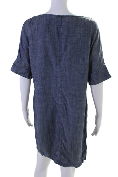 Trina Turk Womens Short Sleeve Cowl Neck Chambray Shift Dress Blue Size S