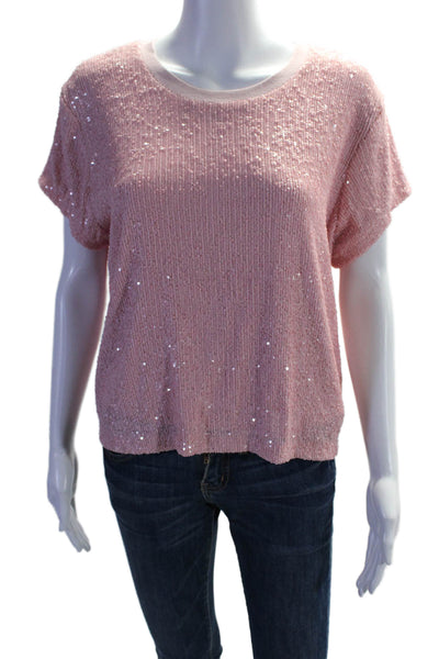 Generation Love Womens Sequin Round Neck Short Sleeve Blouse Top Pink Size L