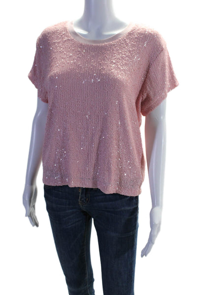 Generation Love Womens Sequin Round Neck Short Sleeve Blouse Top Pink Size L