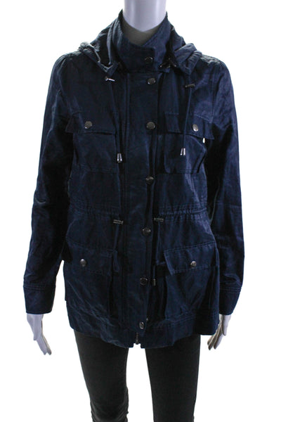 Joie Womens Cotton Zip Drawstring Button Hooded Windbreaker Jacket Blue Size XS