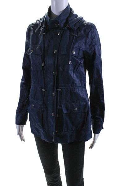 Joie Womens Cotton Zip Drawstring Button Hooded Windbreaker Jacket Blue Size XS