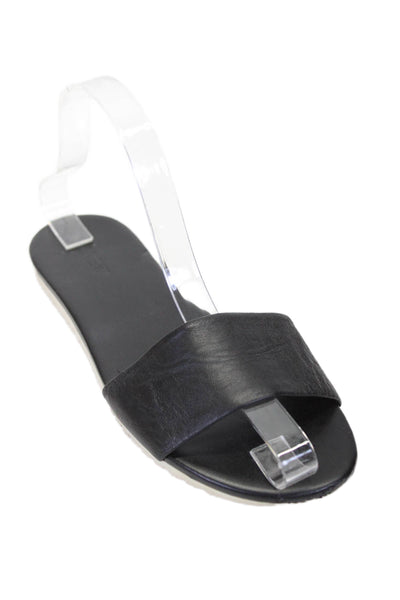 J Crew Womens Leather Open Toe Slip On Flat Slides Black Size 7