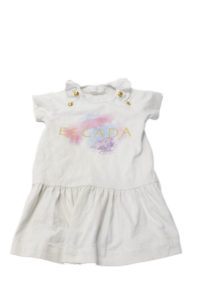 Escada Girls White Cotton Graphic Print Ruffle Neck Short Sleeve Dress Size 4