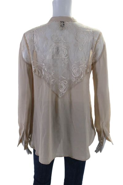 Haute Hippie Womens Long Sleeve Lace Trim Keyhole Silk Shirt Brown Size Medium