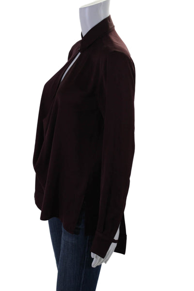 Halston Heritage Womens Long Sleeve Collared V Neck Silk Shirt Purple Size 2